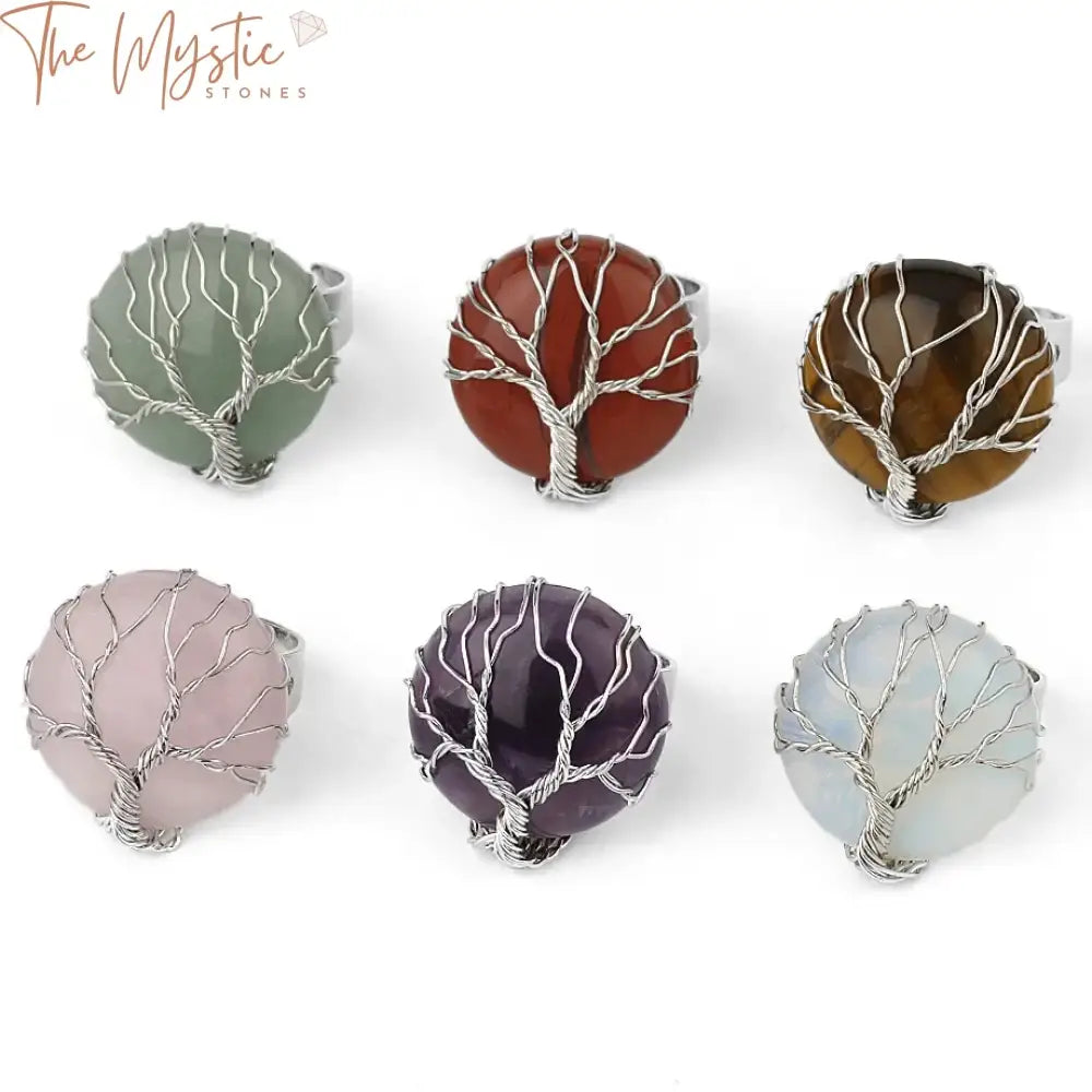 Tree Of Life Reiki Cabochon Ring - Adjustable Silver Wire Wrap