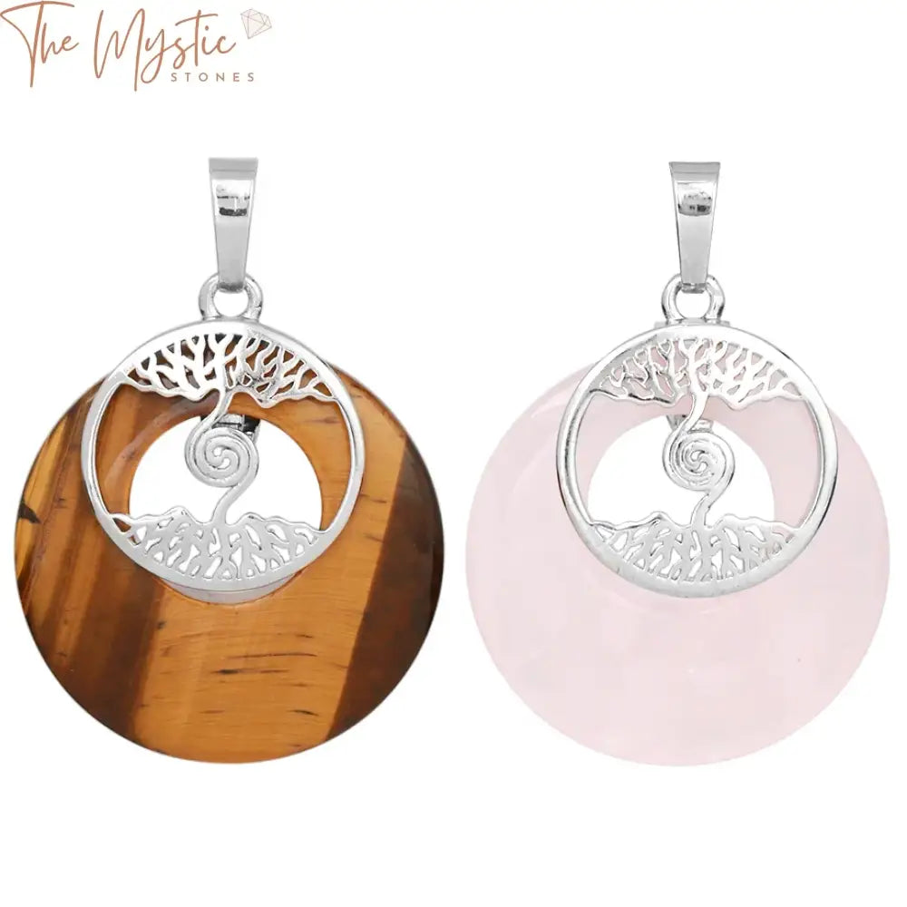 A round natural stone pendant featuring two intricately designed Tree of Life symbols.