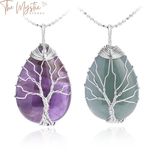 A visually captivating image featuring a "Tree of Life" necklace pendant made from natural stones.