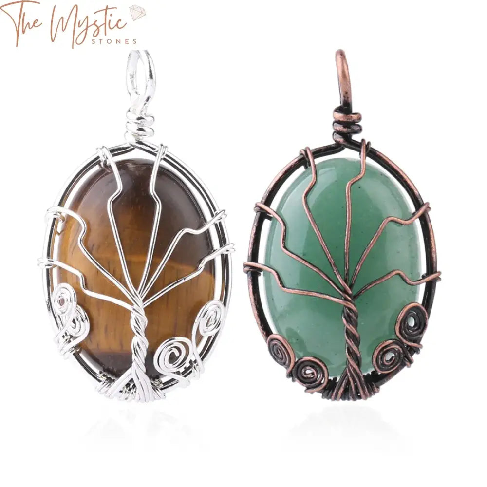 A vintage wire-wrapped Tree of Life pendant featuring an oval cabochon stone at its center.