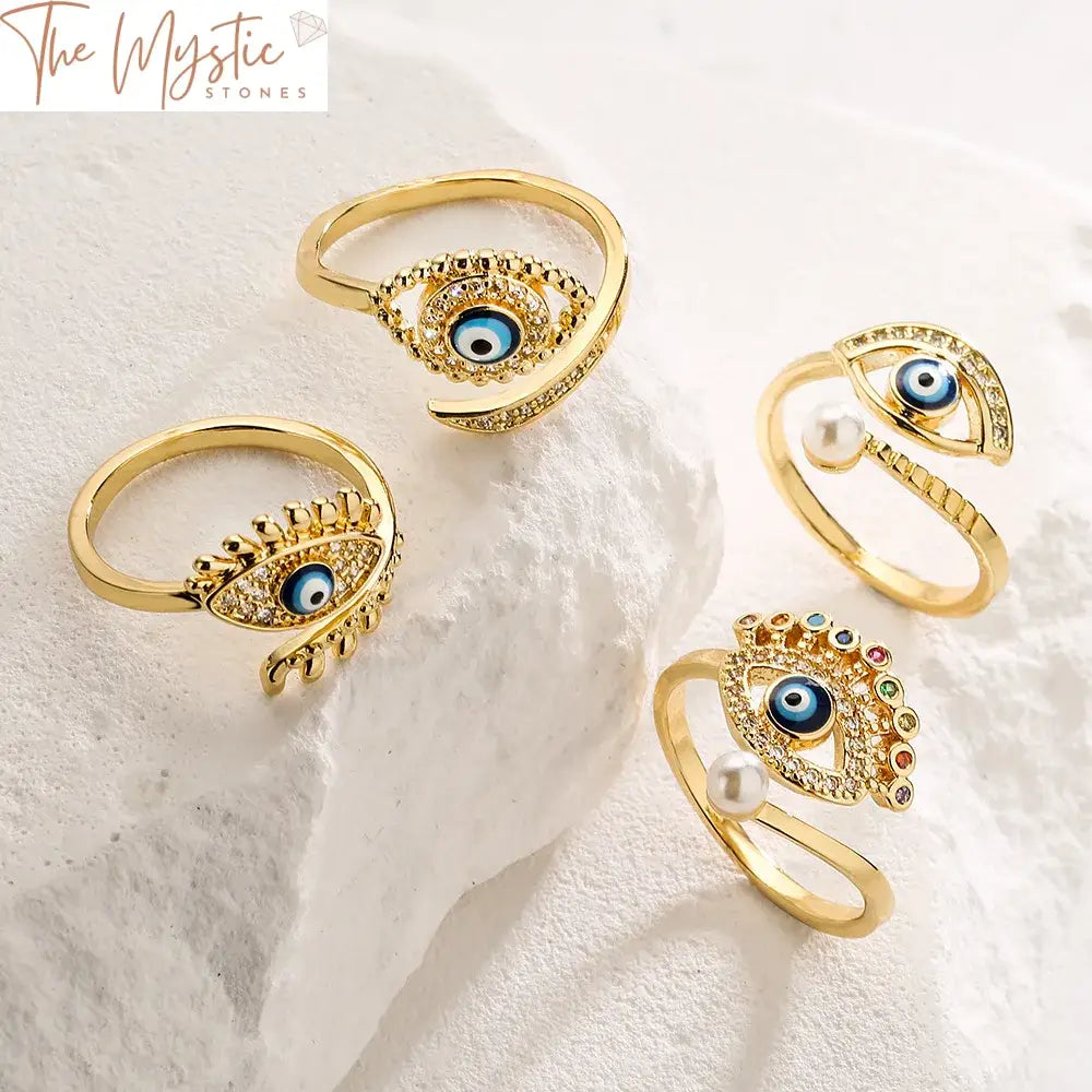 Turkish Blue Evil Eye Adjustable Gold Ring