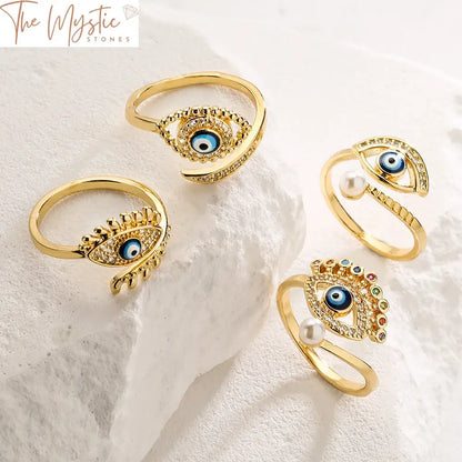 Turkish Blue Evil Eye Adjustable Gold Ring