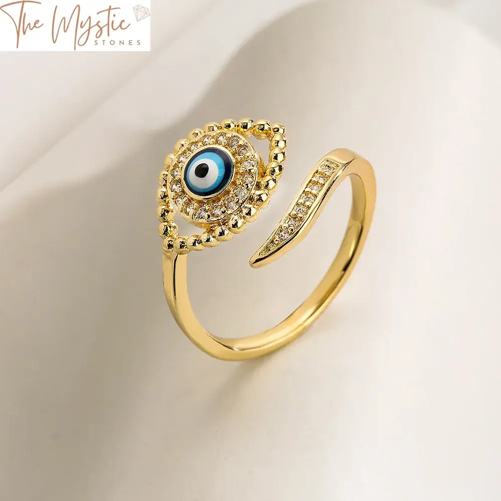 Turkish Blue Evil Eye Adjustable Gold Ring