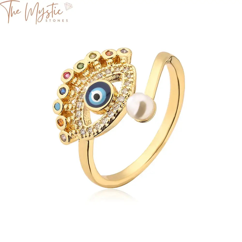 Turkish Blue Evil Eye Adjustable Gold Ring