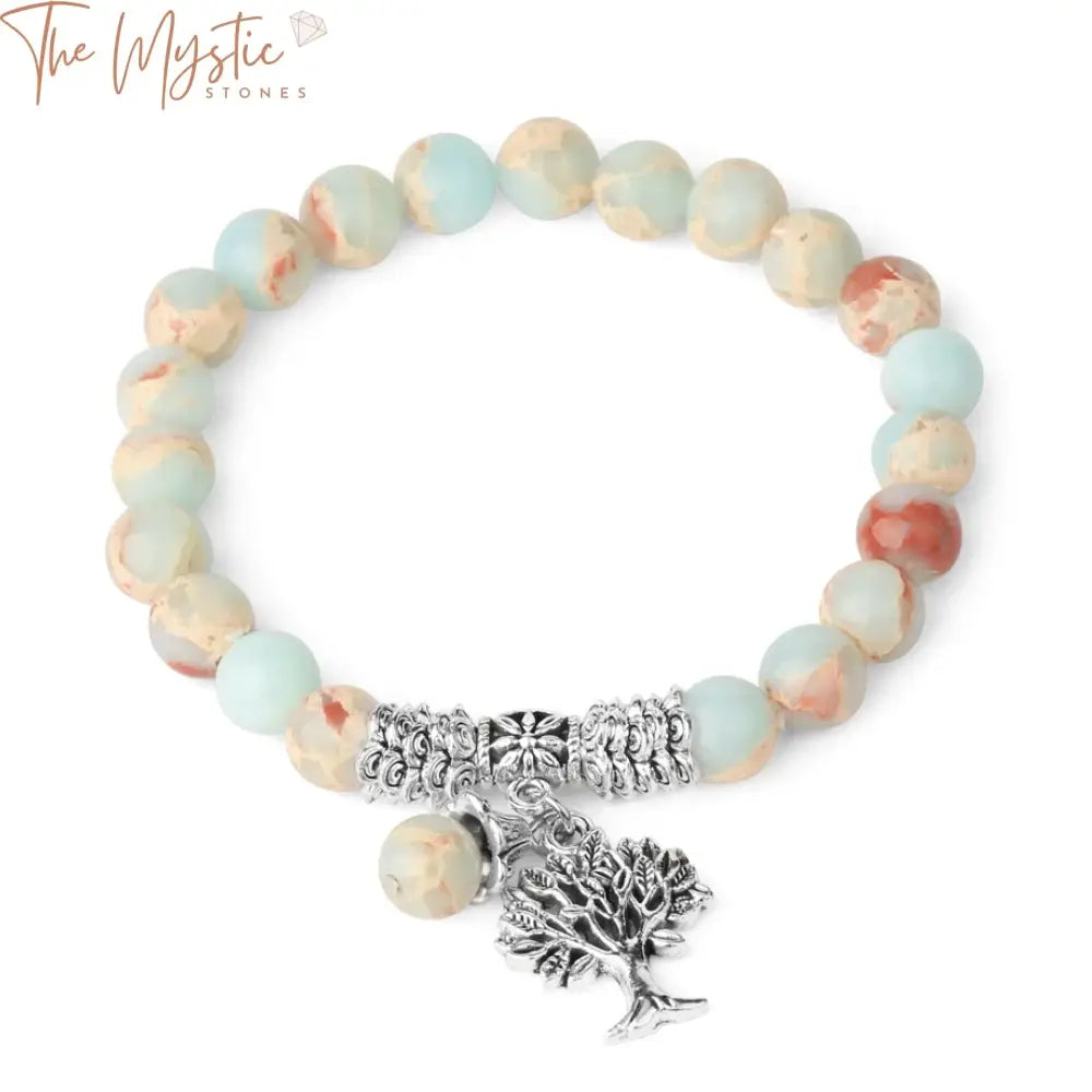 A collection of Tree of Life charm bracelets featuring 8mm round turquoise beads.