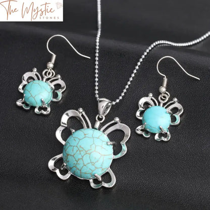 Turquoise Butterfly Jewelry Set - Earrings & Necklace