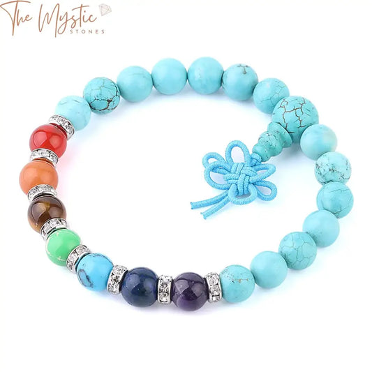 A beautifully crafted bracelet featuring 8mm turquoise gemstone beads, each representing the 7 chakras.