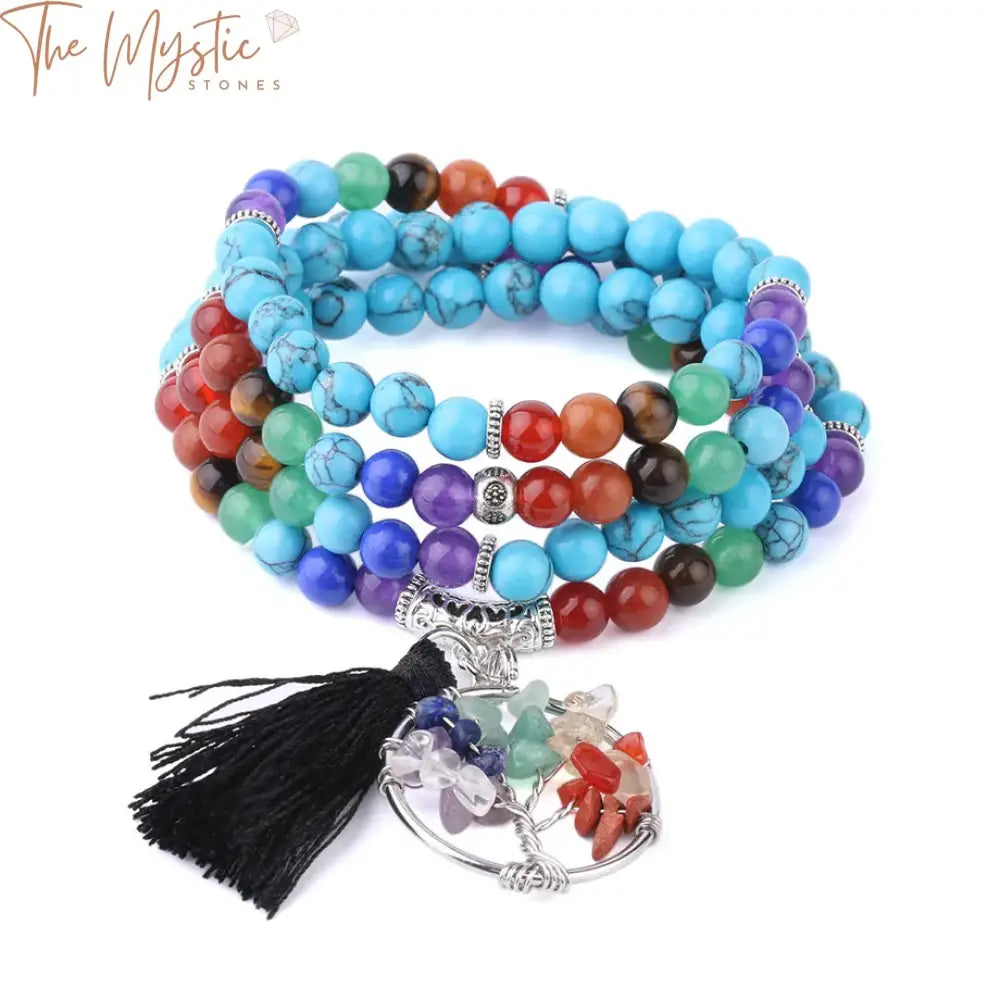 A 108-bead bracelet made of vibrant blue turquoise stones, designed to wrap around the wrist or be worn as a necklace.