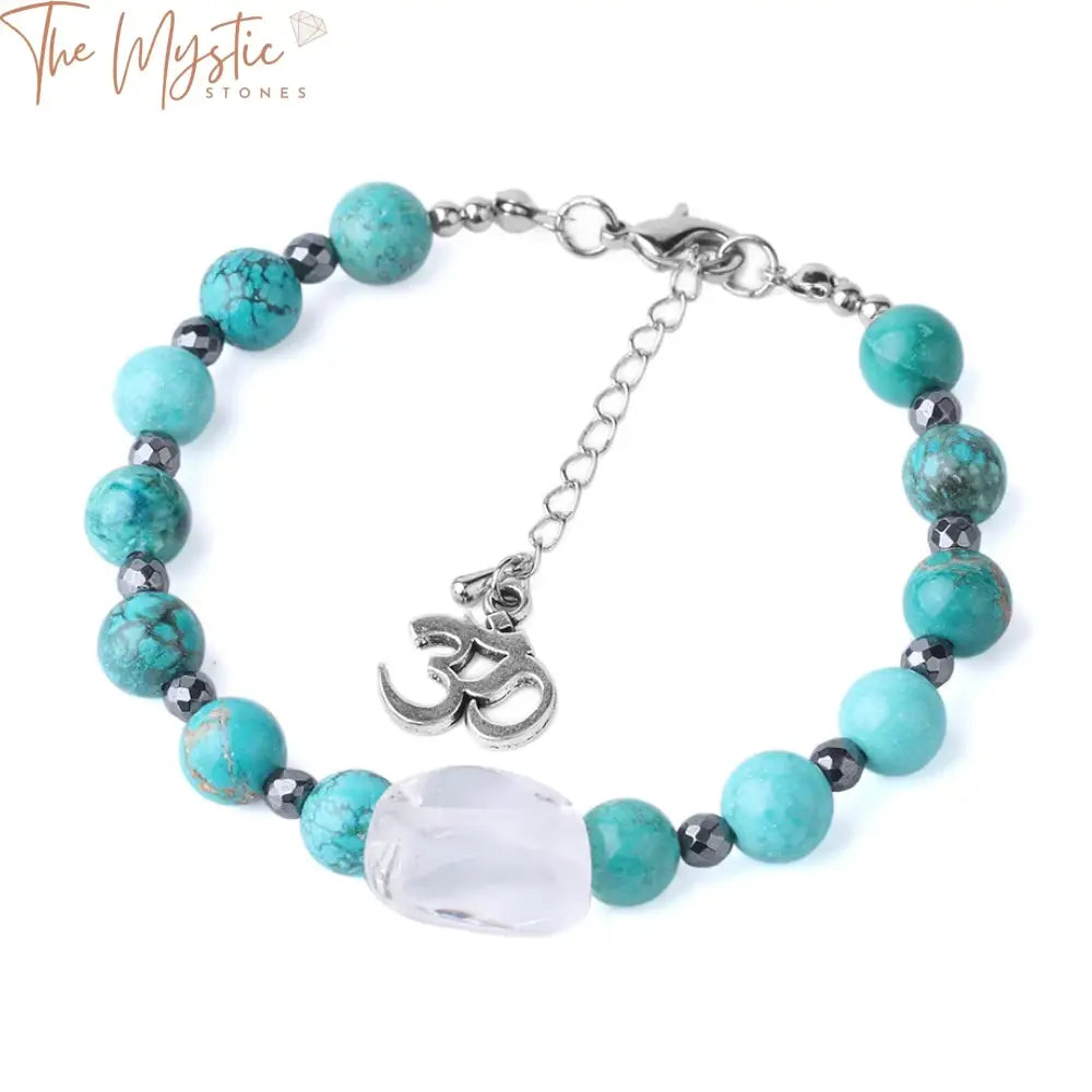 A handcrafted bracelet featuring round, 8mm natural turquoise beads, each with unique marbling.