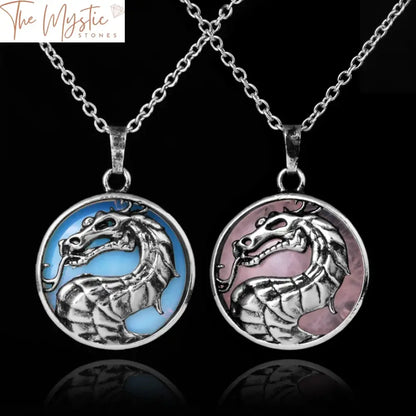 A Chinese dragon necklace featuring a round pendant made of healing pink crystal quartz.