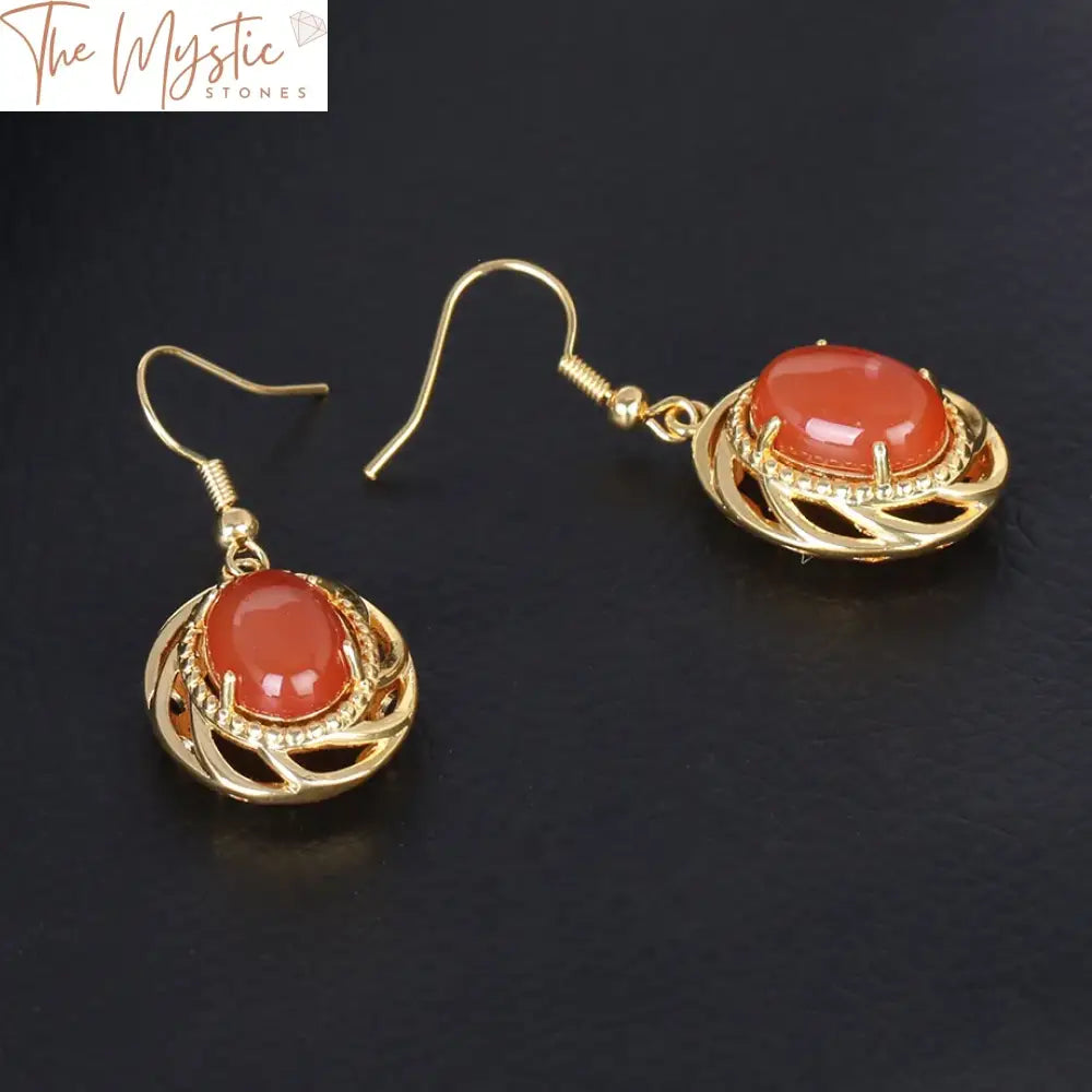 Vintage Red Onyx Oval Drop Earrings