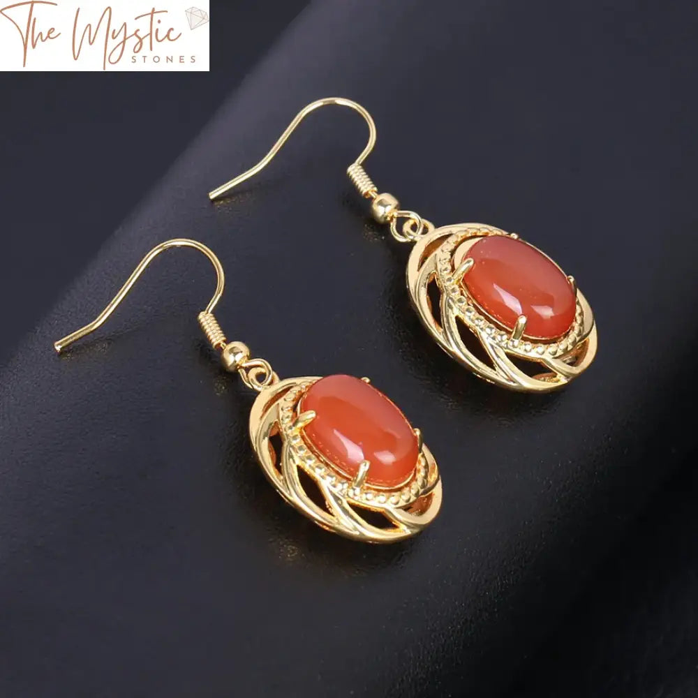 Vintage Red Onyx Oval Drop Earrings