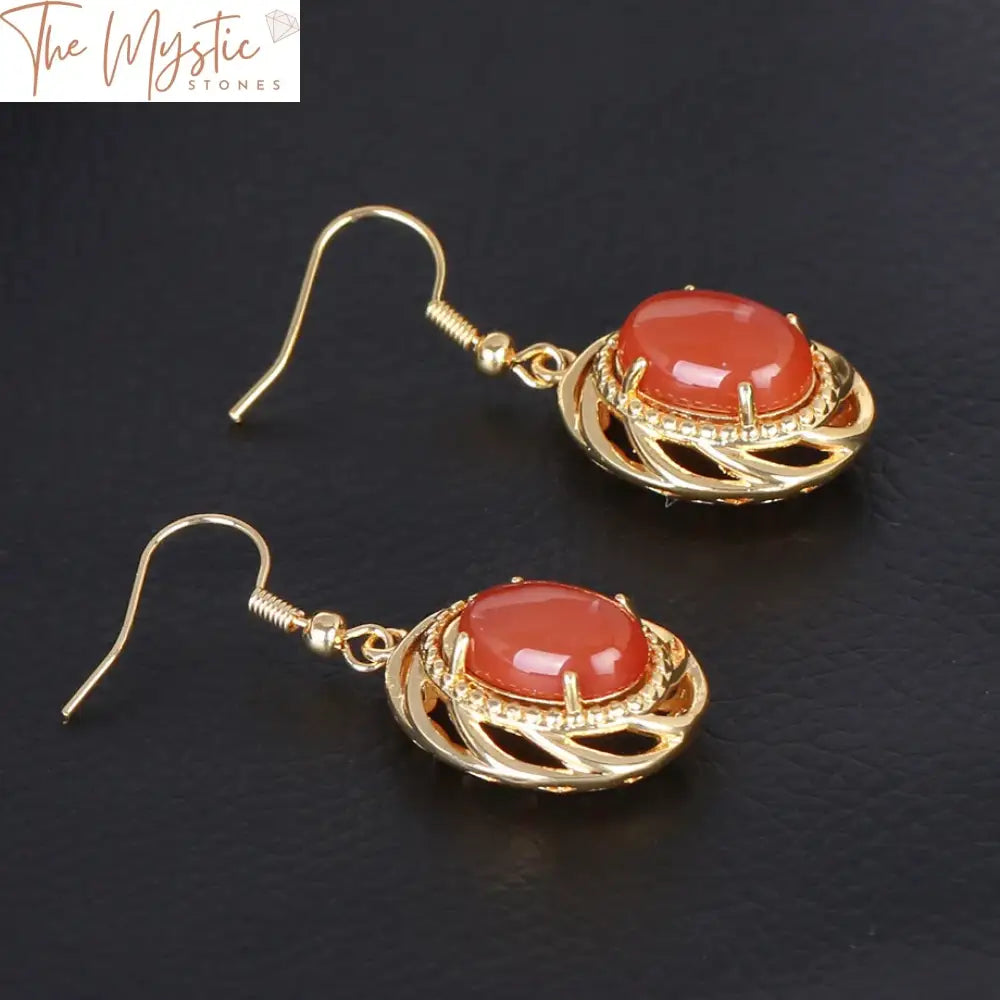 Vintage Red Onyx Oval Drop Earrings