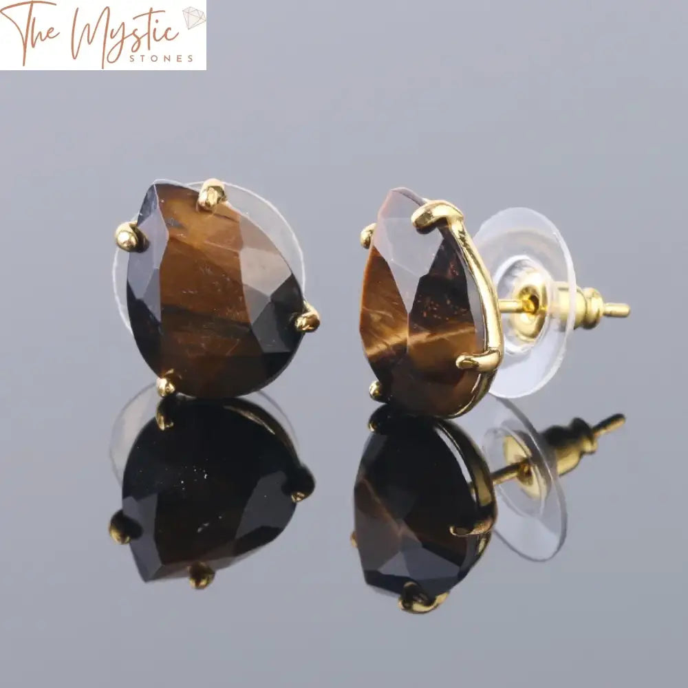 A pair of casual stud earrings with a water drop shape, featuring faceted natural stones.