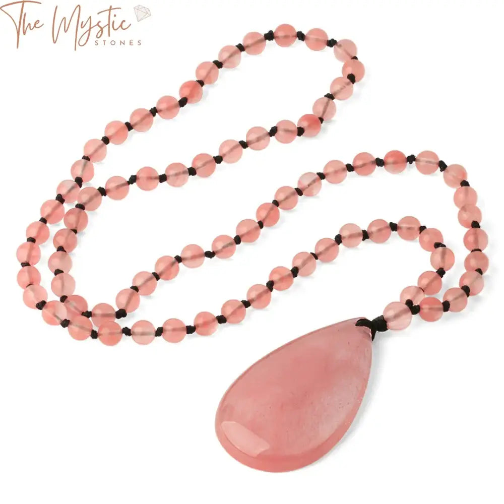 A beautifully crafted long necklace featuring 6mm watermelon crystal beads, embellished with an elegant water oval pendant.