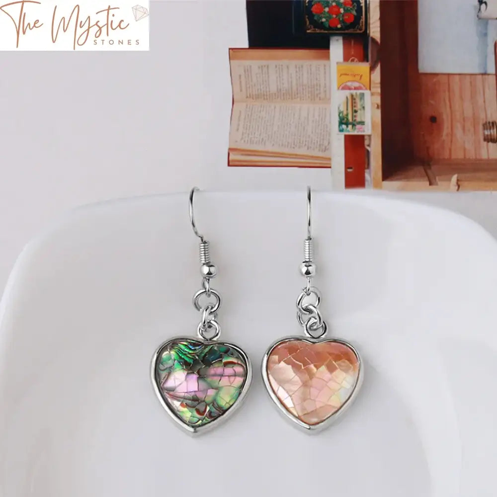 White Abalone Shell Heart Dangle Earrings