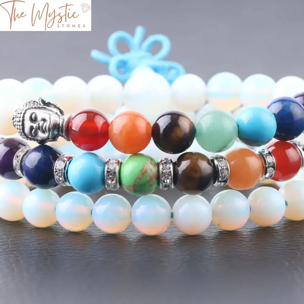 White Opal Chakra Healing Bracelet With Buddha Head And Chinese Knot