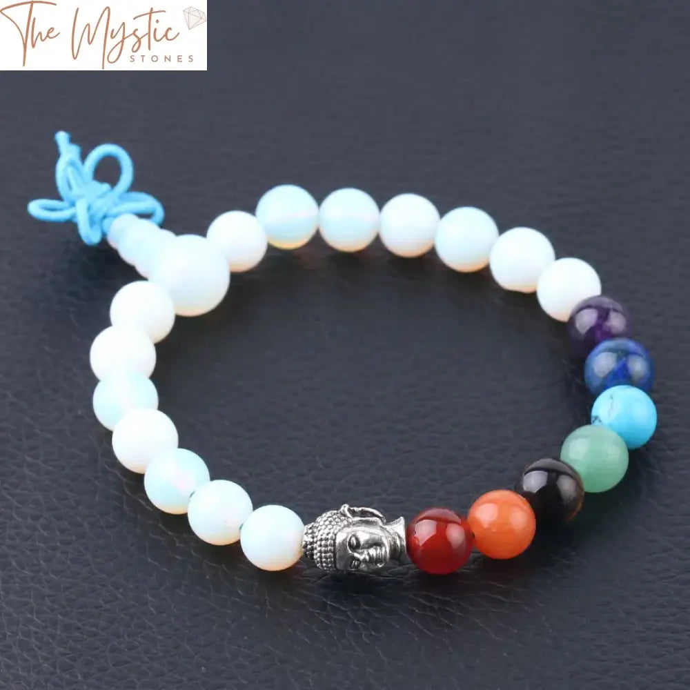 White Opal Chakra Healing Bracelet With Buddha Head And Chinese Knot