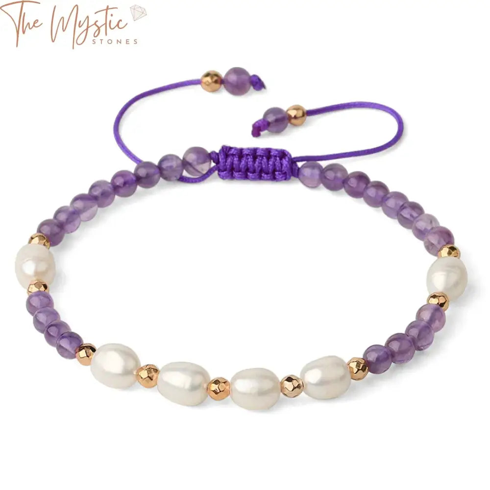 A delicate strand bracelet featuring 4mm natural stone beads, including shimmering white pearl and clear crystal beads.