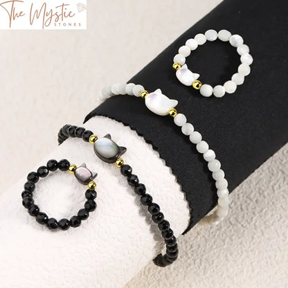 White Shell & Black Obsidian Cat Charm Jewelry Set