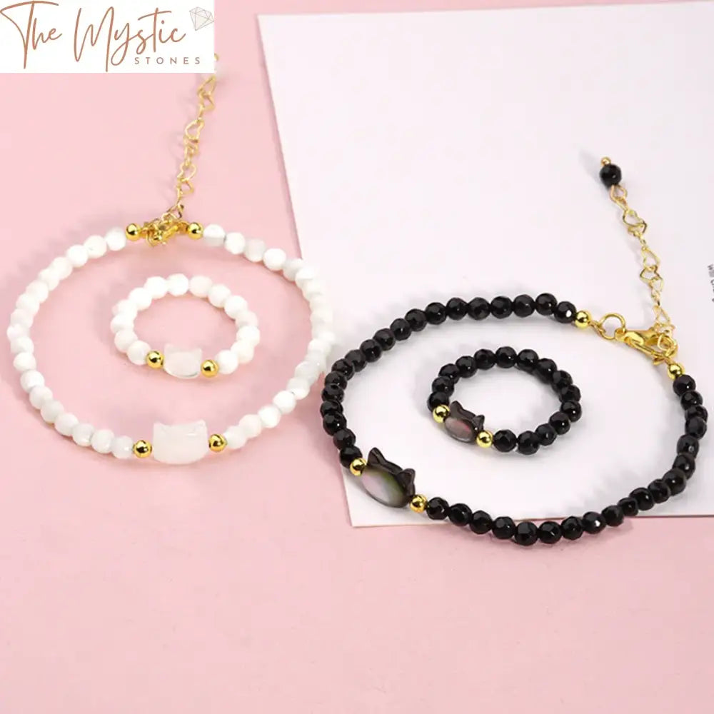 White Shell & Black Obsidian Cat Charm Jewelry Set