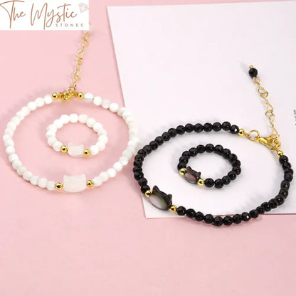 White Shell & Black Obsidian Cat Charm Jewelry Set