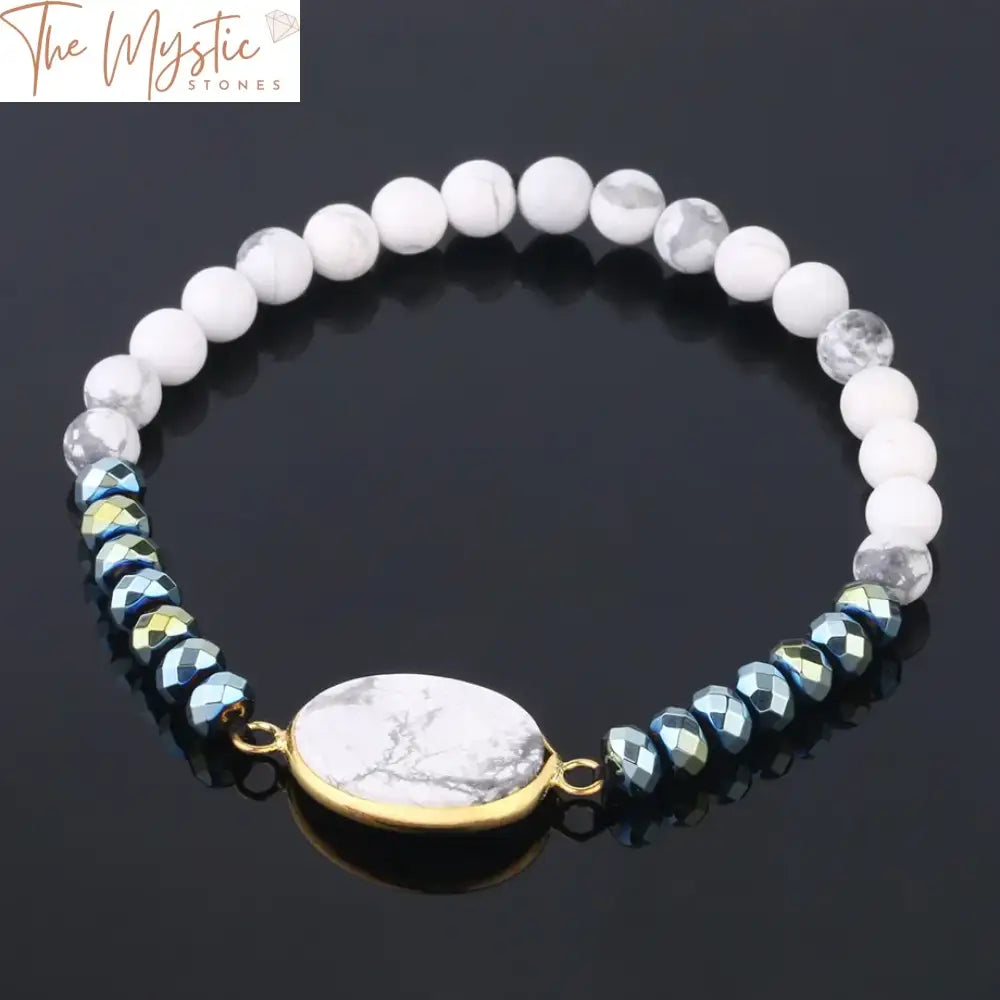 A meticulously handcrafted bracelet featuring a combination of smooth white turquoises and glossy hematite beads.