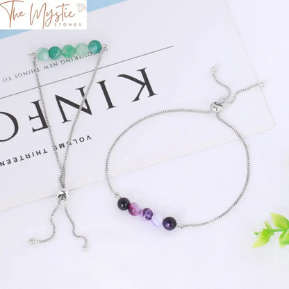 Women’s Adjustable Natural Stone Crystal Bracelet With 6Mm Beads And Silver Box Chain