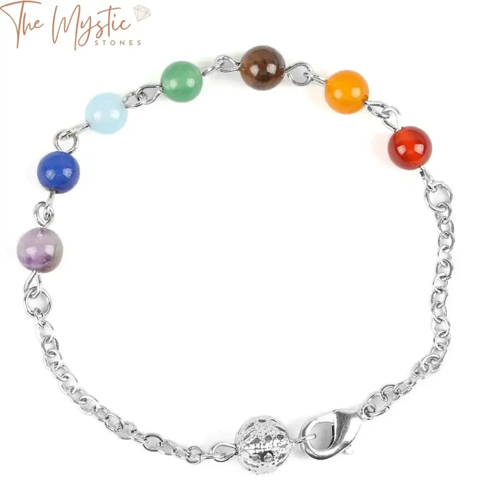 A vibrant and colorful bracelet featuring a variety of polished stones representing the 7 chakras.